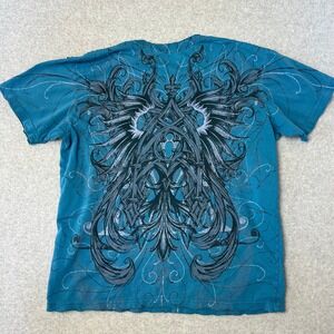 Affliction Live Fast Mens Teal Blue Gothic Graphic T-Shirt Large Fleur De Lis